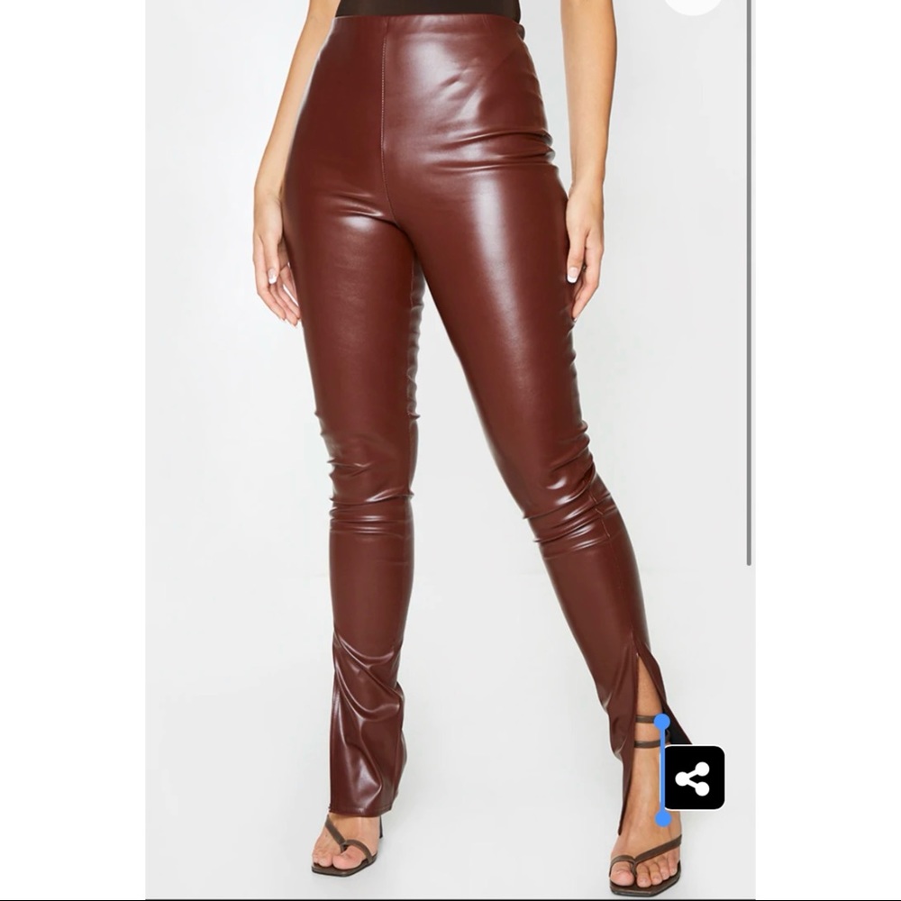 Chocolate Brown Faux Leather Split Side Pants